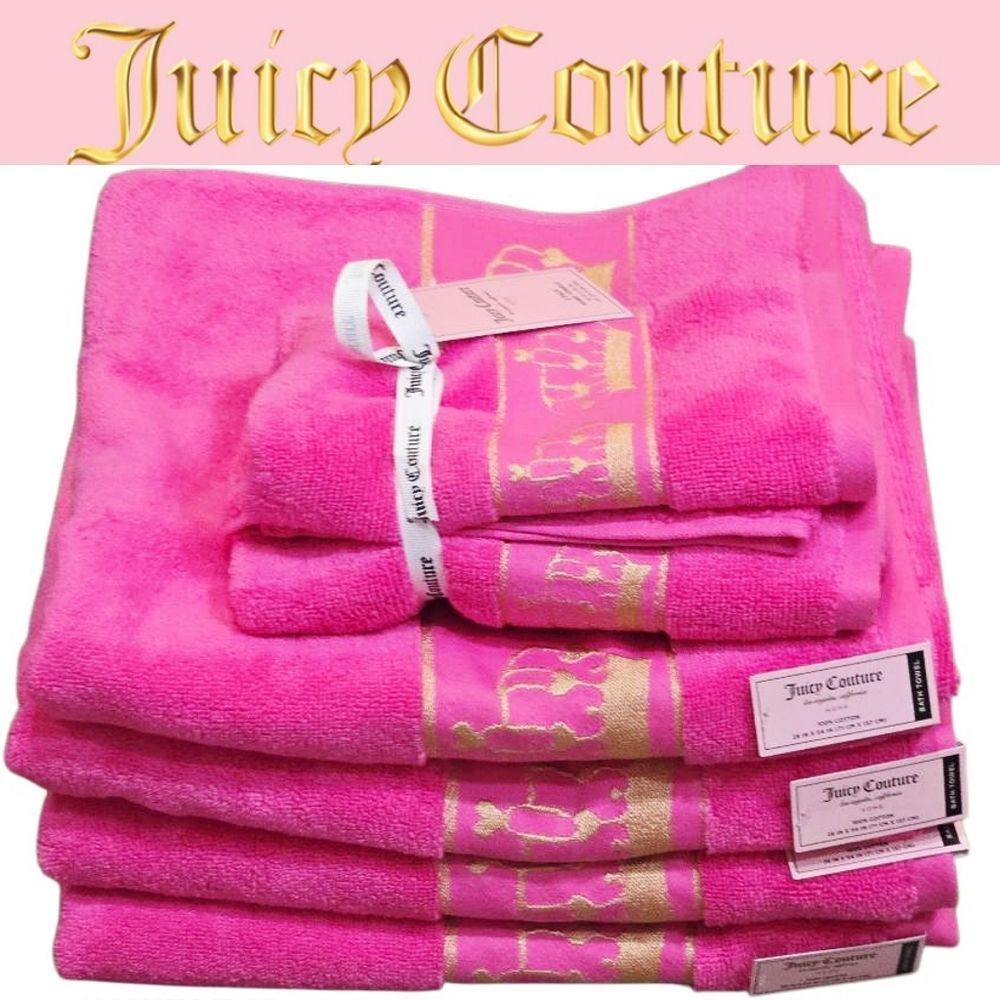 Juicy Couture Home Heart Crown Plush Oversized Bath & Hand Towel Set- Pink/Gold
